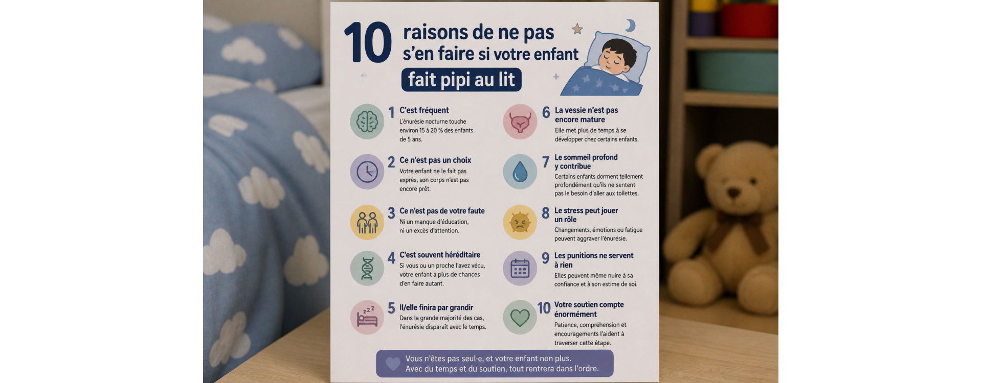 10 raisons de ne pas s'en faire si votre enfant fait pipi au lit.