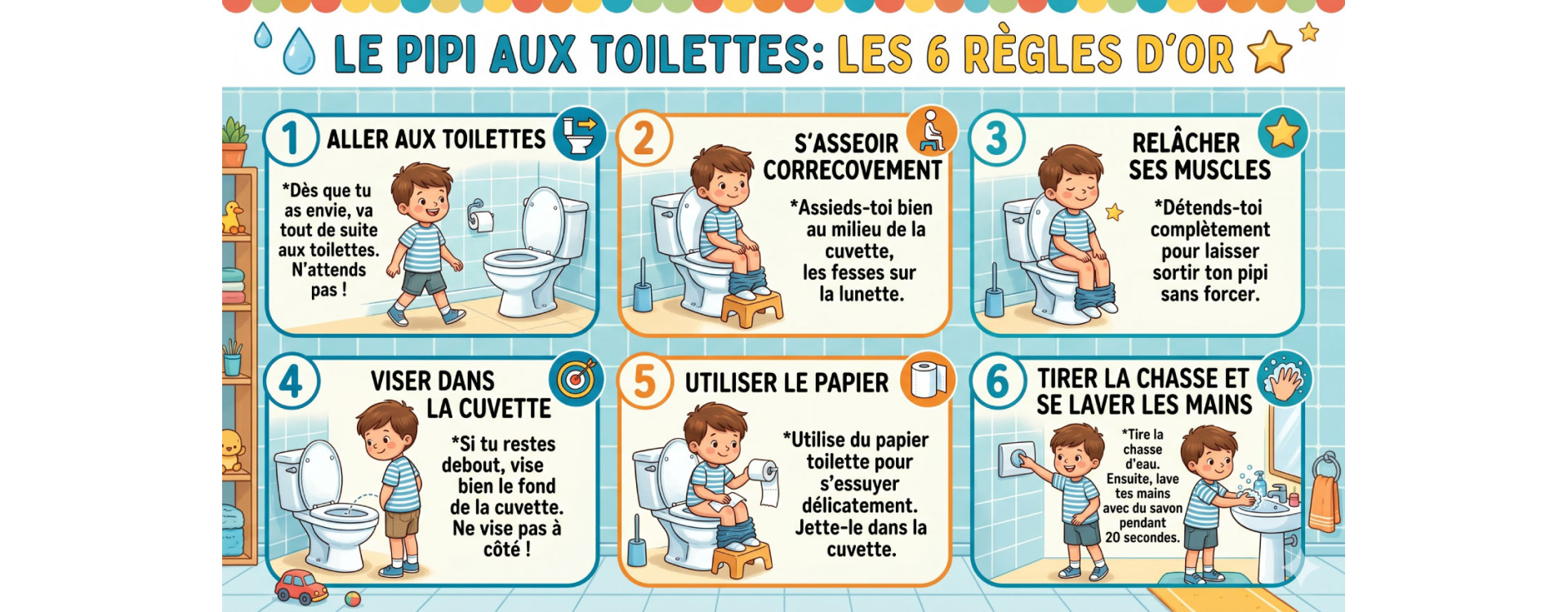 Le pipi aux toilettes:  Les 6 règles d’or.