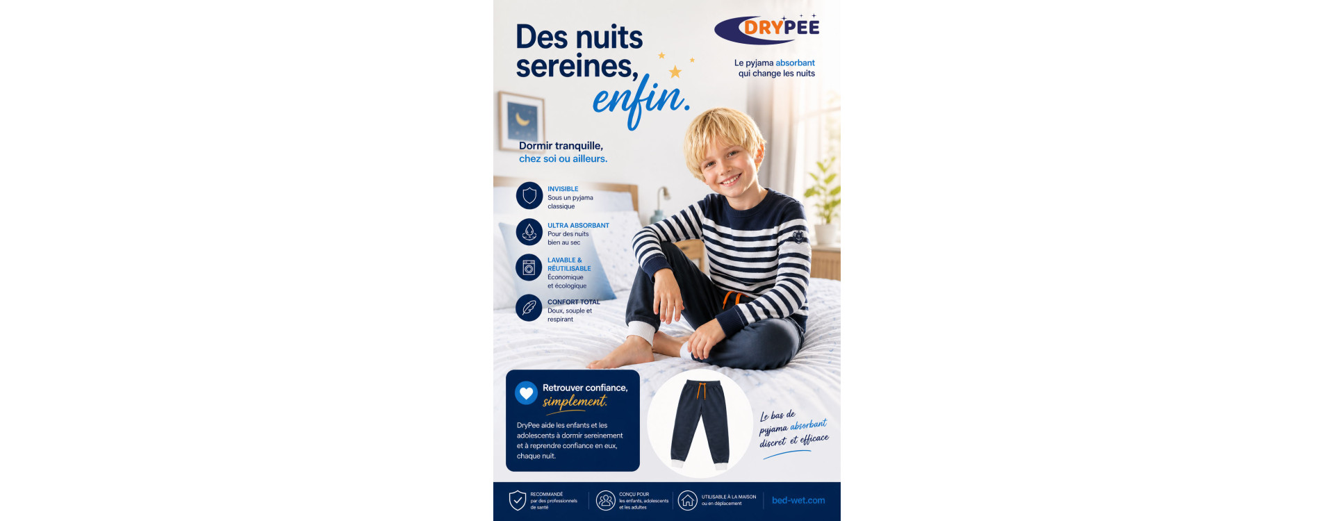 Confidence et sérénité la nuit avec Drypee pyjama spécial pipi au lit enfant adulte